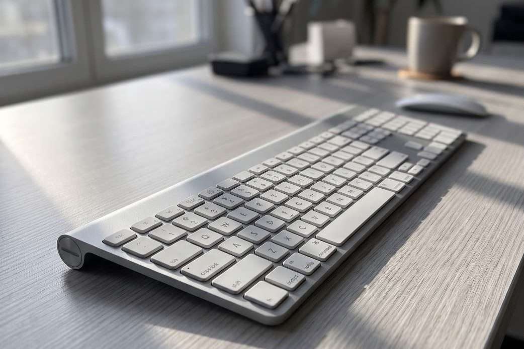 Minimalist bright office desk with silver slim apple keyboard, natural window sunlight workspace for AI design editing with Nano Banana Pro