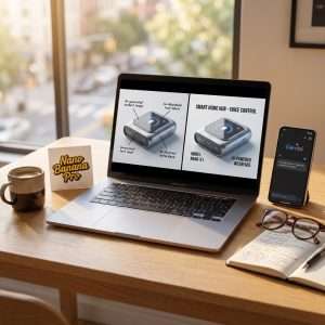 MacBook Pro laptop displaying Nano Banana Pro AI generated smart home device images with auto text labels, Gemini AI tool demo 2026