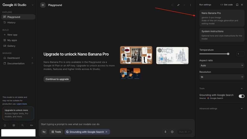 Google AI Studio Playground interface showing Nano Banana Pro gemini-3-pro-image AI image generator model selection panel