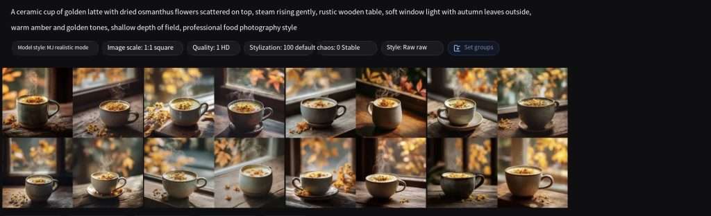 Midjourney full generation interface showing osmanthus golden latte AI art prompt, MJ realistic mode parameters stylize 100 chaos 0 raw style, 1:1 square food photography 4-grid preview output