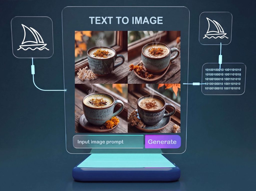 Futuristic holographic text-to-image AI generator interface diagram showing Midjourney osmanthus latte 4-grid food photography output, AI model brain binary code workflow for 2026 Midjourney tutorial
