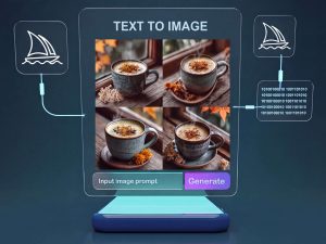 Futuristic holographic text-to-image AI generator interface diagram showing Midjourney osmanthus latte 4-grid food photography output, AI model brain binary code workflow for 2026 Midjourney tutorial