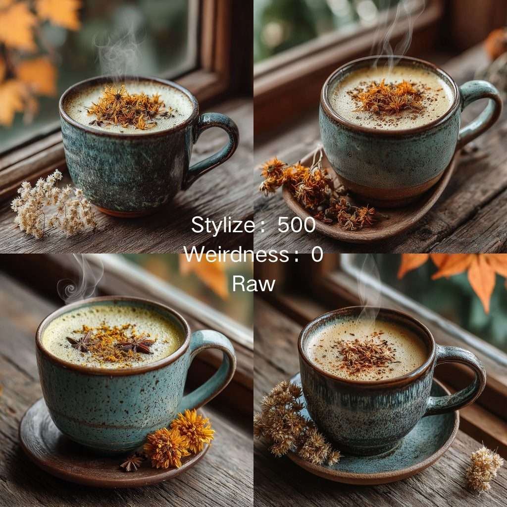 Midjourney stylize 500 chaos 0 raw mode high stylization AI osmanthus latte photography test grid, extreme stylization parameter comparison tutorial sample