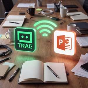 Concept graphic of TRAE AI tool wirelessly connected with Microsoft PowerPoint icon, remote cross-device presentation editing via mobile and desktop sync