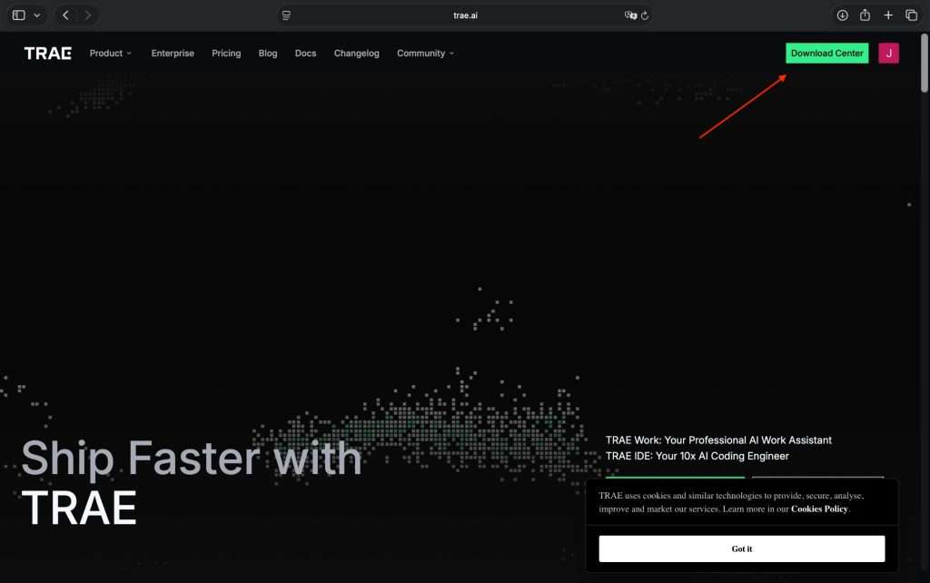 TRAE official website trae.io homepage screenshot, AI work assistant platform for remote PowerPoint creation and coding automation