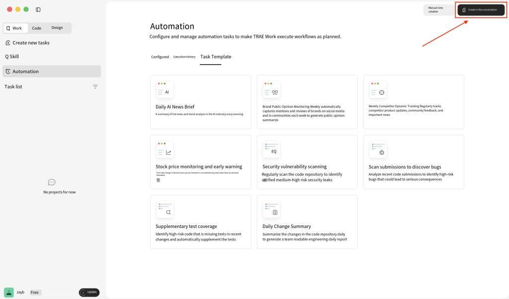 TRAE Work desktop Automation tab screenshot, pre-built AI automation task templates for news tracking, code security scanning, stock monitoring and engineering report generation